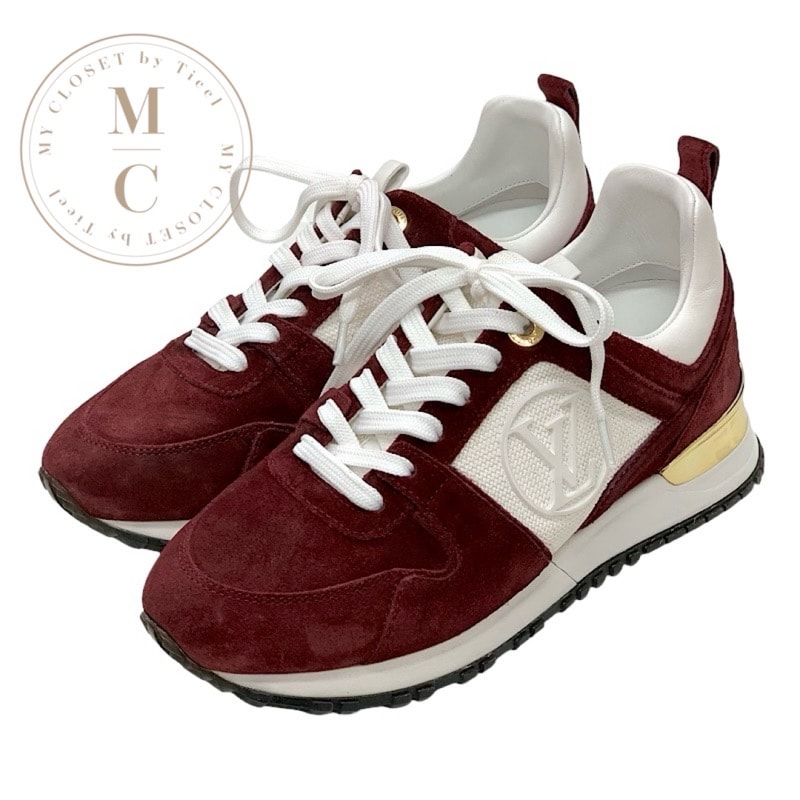 ルイヴィトン LOUIS VUITTON ランアウェイライン スニーカー 靴 シューズ スエード レザー ファブリック ボルドー ホワイト インヒール LVロゴ