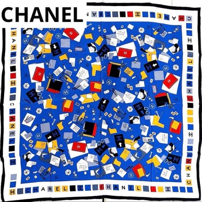 シャネル CHANEL スカーフ シルク 大判 ヴィンテージ 手紙 レター柄 ココマーク ブルー 青 マルチカラー 廃盤 希少 レア