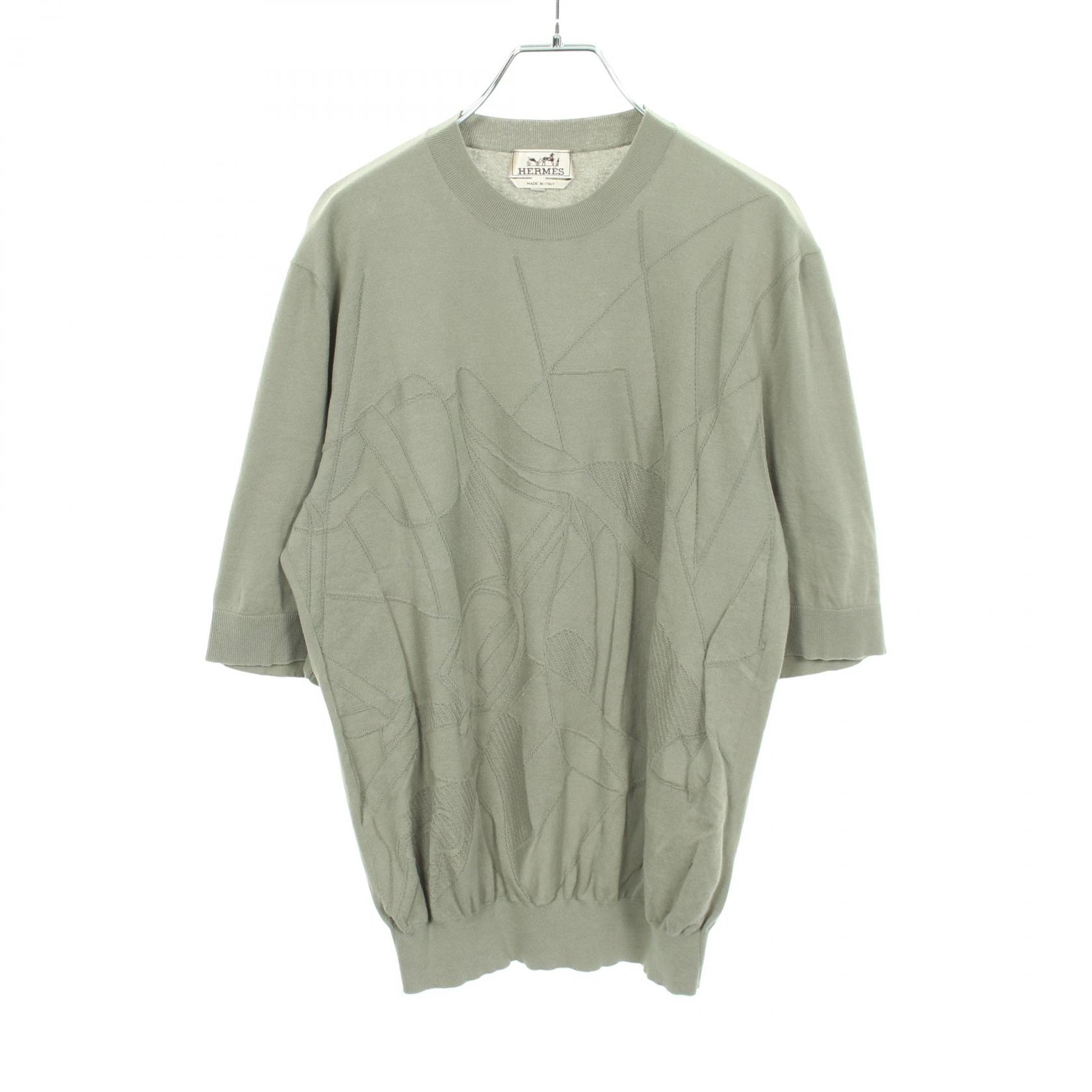 エルメス HERMES Selles en Fragments 半袖 ニット 衣料品 トップス コットン メンズ グリーン系 【中古】