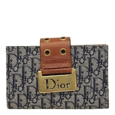 ディオール トロッター 二つ折り キーケース ベージュ ネイビー キャンバス レザー レディース Dior 中古