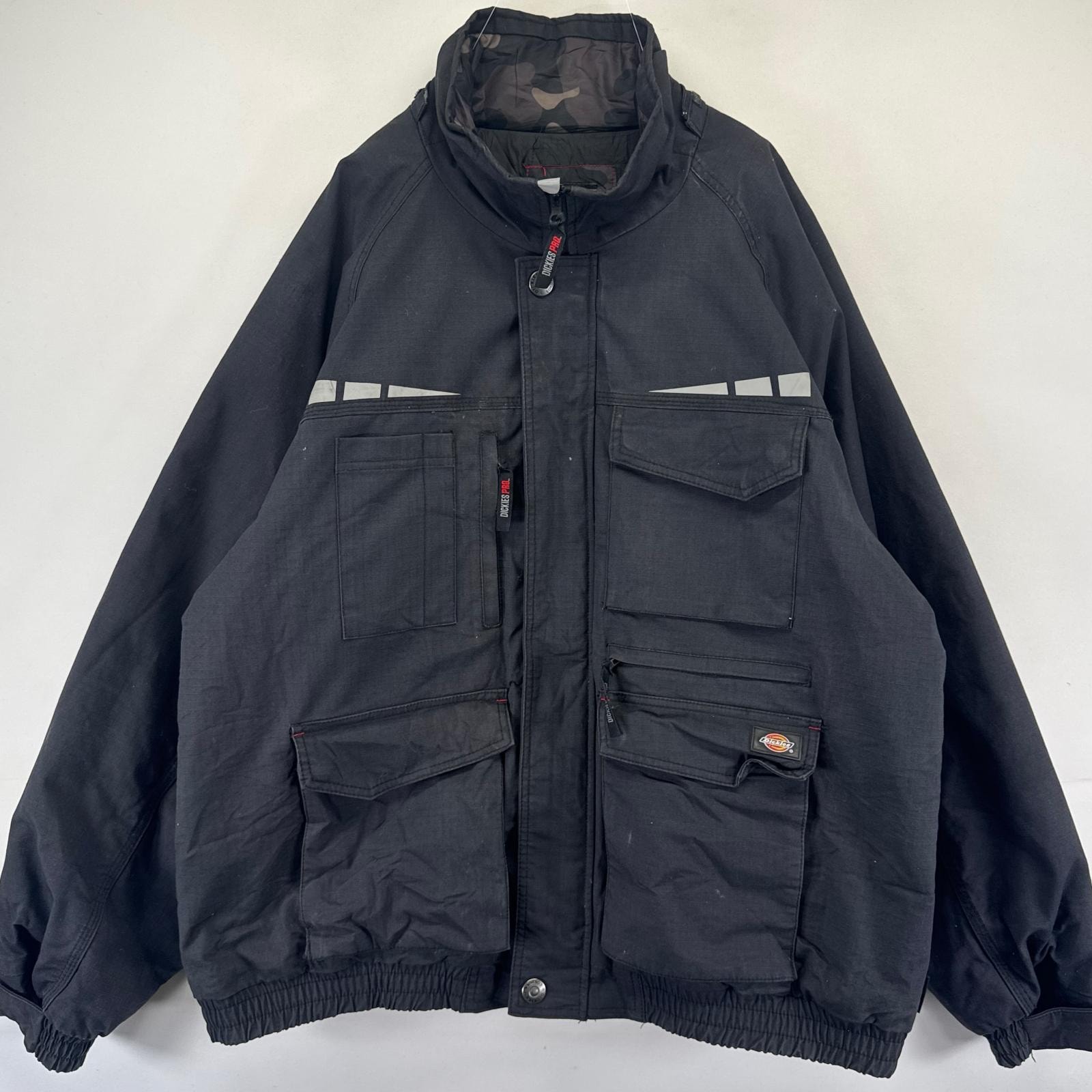 古着 ディッキーズ Dickies ジャケット ワークジャケット フルジップ ワンポイント リップストップ 大きいサイズ 2XL  ブラック系 メンズ