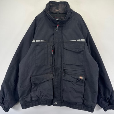 古着 ディッキーズ Dickies ジャケット ワークジャケット フルジップ ワンポイント リップストップ 大きいサイズ 2XL ブラック系 メンズ