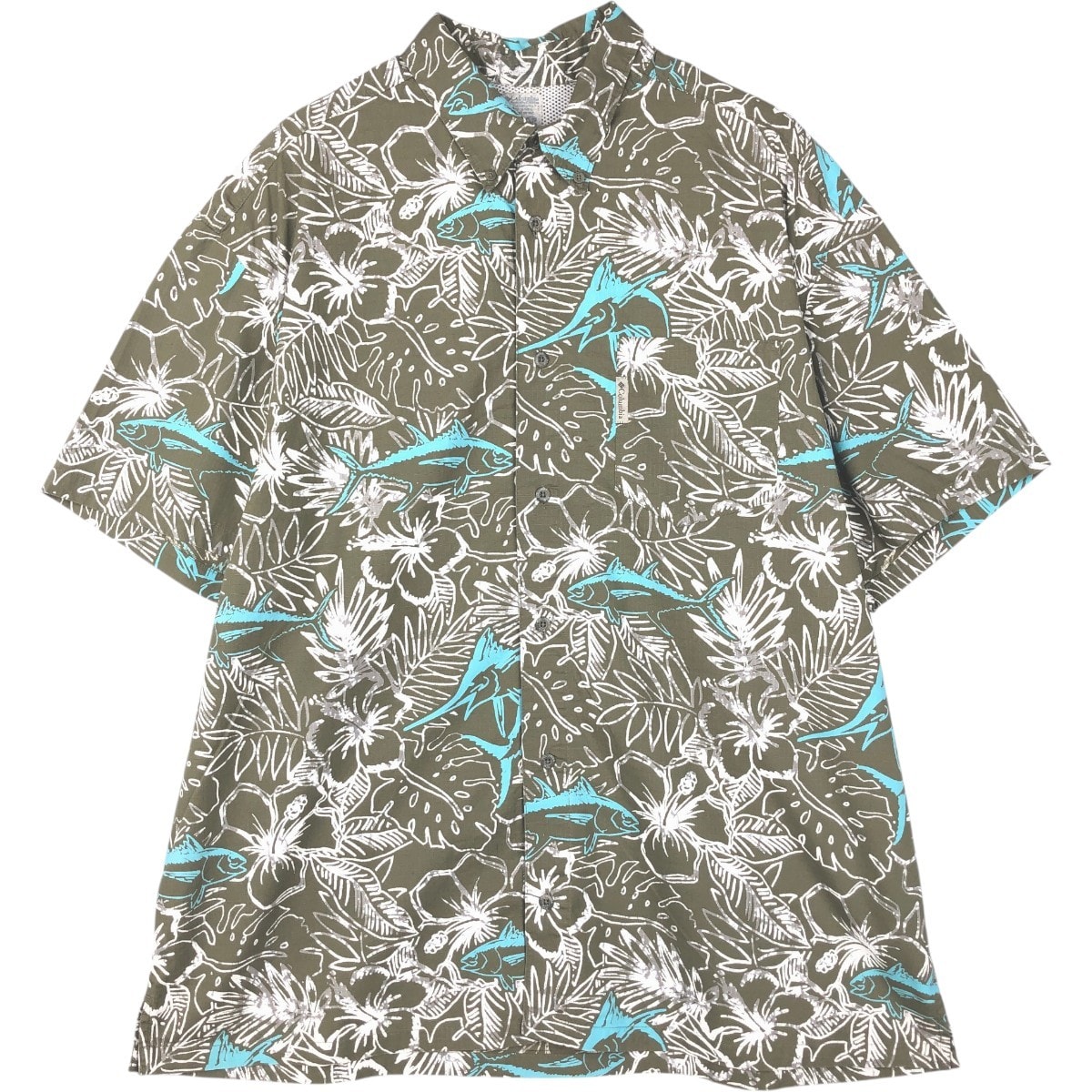 古着 コロンビア Columbia PFG 総柄 ハイビスカス柄 魚柄 リップストップ ボタンダウン 半袖 フィッシングシャツ ボックスシャツ メンズL相当/eaa658093
