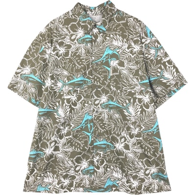 古着 コロンビア Columbia PFG 総柄 ハイビスカス柄 魚柄 リップストップ ボタンダウン 半袖 フィッシングシャツ ボックスシャツ メンズL相当/eaa658093
