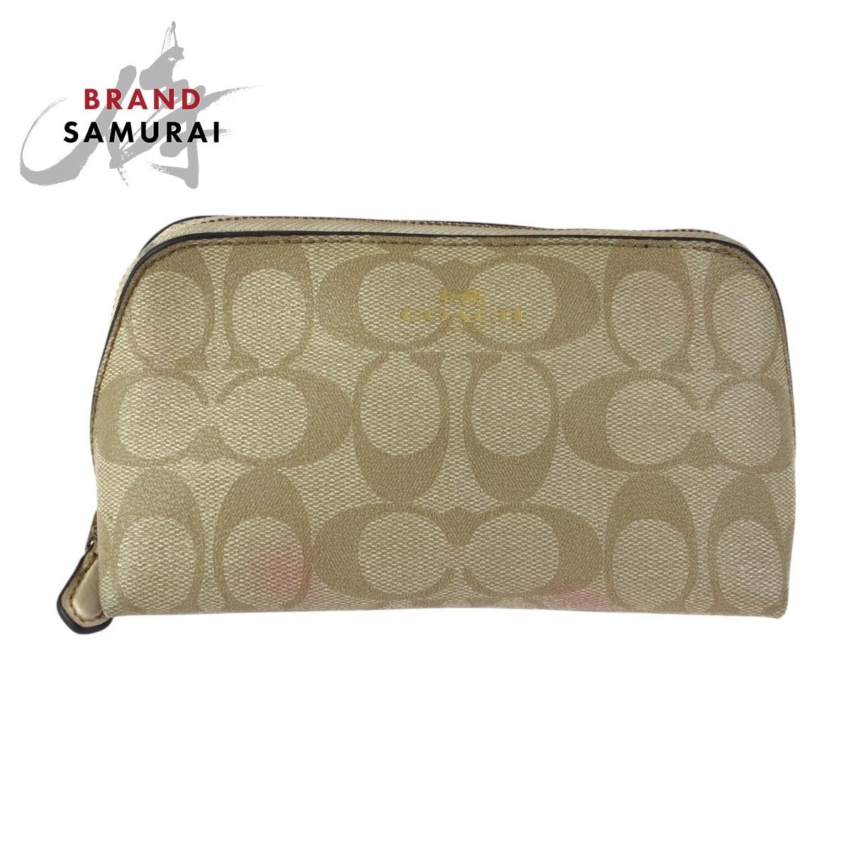 COACH コーチ シグネチャー ベージュ ゴールド金具 PVC ポーチ メイクポーチ 小物入れ 601985 【中古】