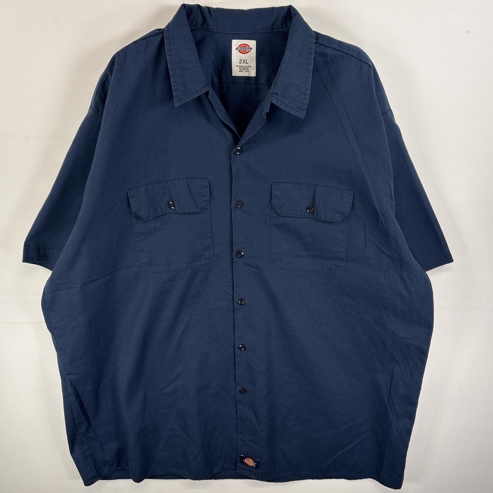 古着 ディッキーズ Dickies 半袖シャツ フラップポケ ワークシャツ ワンポイント ロゴ 2XL ネイビー 無地 メンズ