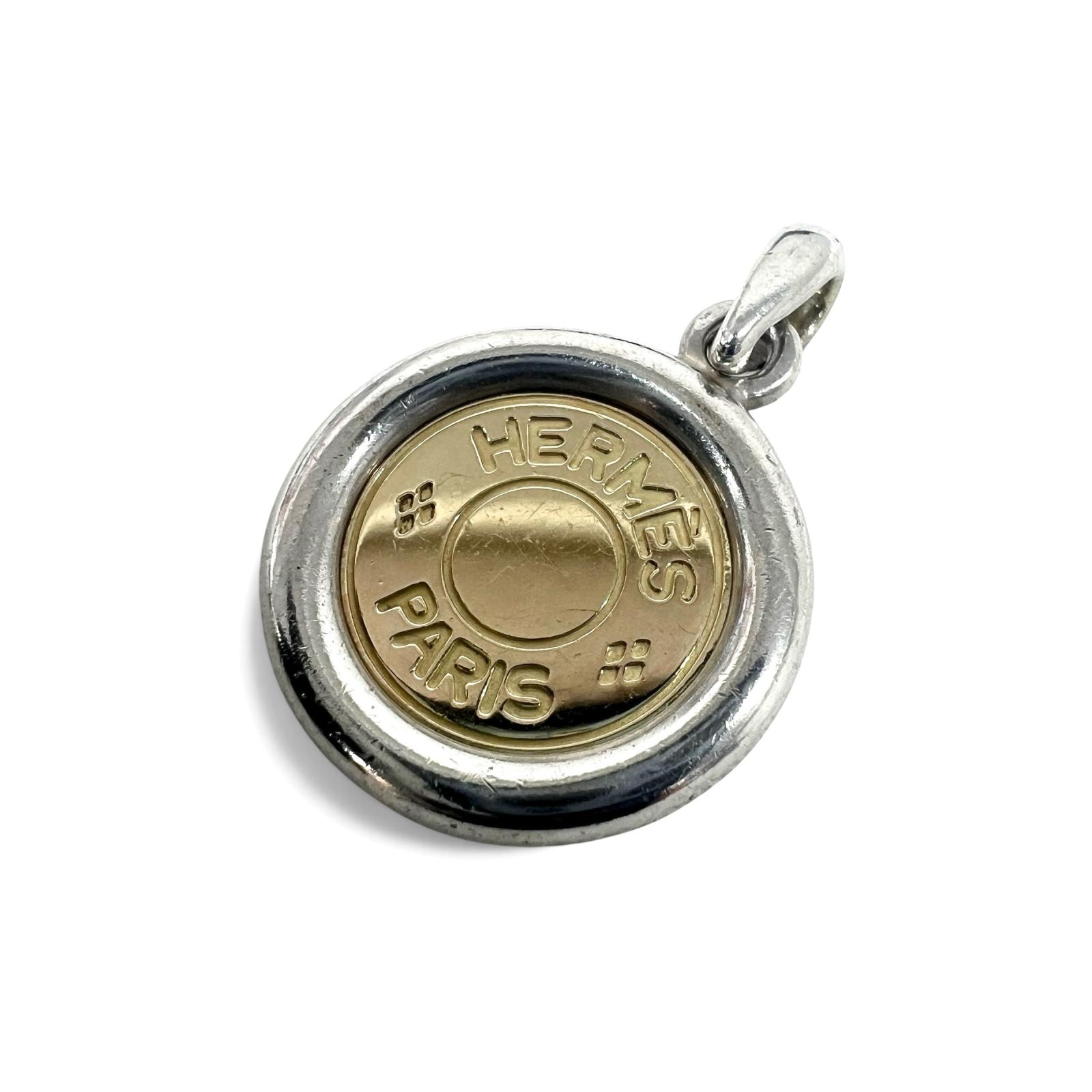 HERMES 美品 エルメス セリエ ペンダントトップ 750/925 コンビ YG/SV イエローゴールド シルバー ヴィンテージ アンティーク アクセサリー ロゴ ABランク 中古 鑑定済 エルメスアクセ