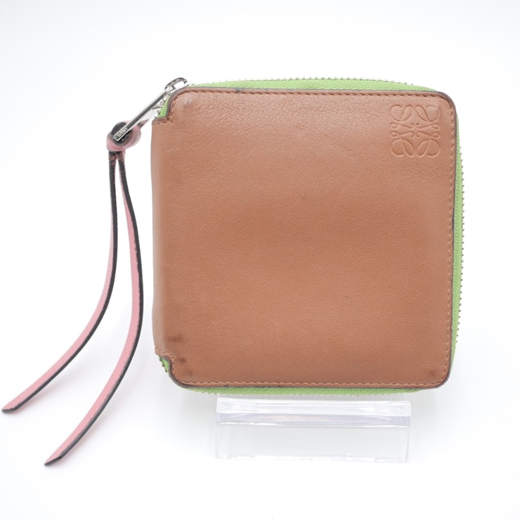 LOEWE(ロエベ)アナグラム ラウンドファスナー 二つ折り財布 コンパクトウォレット ブラウン グリーン ピンク イエロー マルチカラー レザー シルバー金具 レディース【中古】