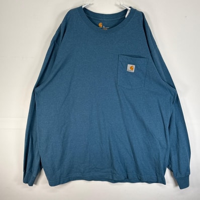 古着 カーハート Carhartt 長袖Tシャツ 大きいサイズ 肉厚 ワンポイント ロゴ 胸ポケ クルーネック XL ブルー系 無地 メンズ