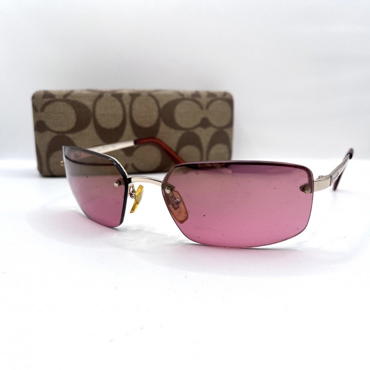 COACH(コーチ) Julia S313 サングラス リムレス ピンクレンズ メタルフレーム シルバー レディース ケース付き 【中古】