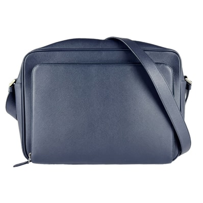 プラダ PRADA ショルダーバッグ レザー ネイビー シルバー メンズ【中古】 z9997