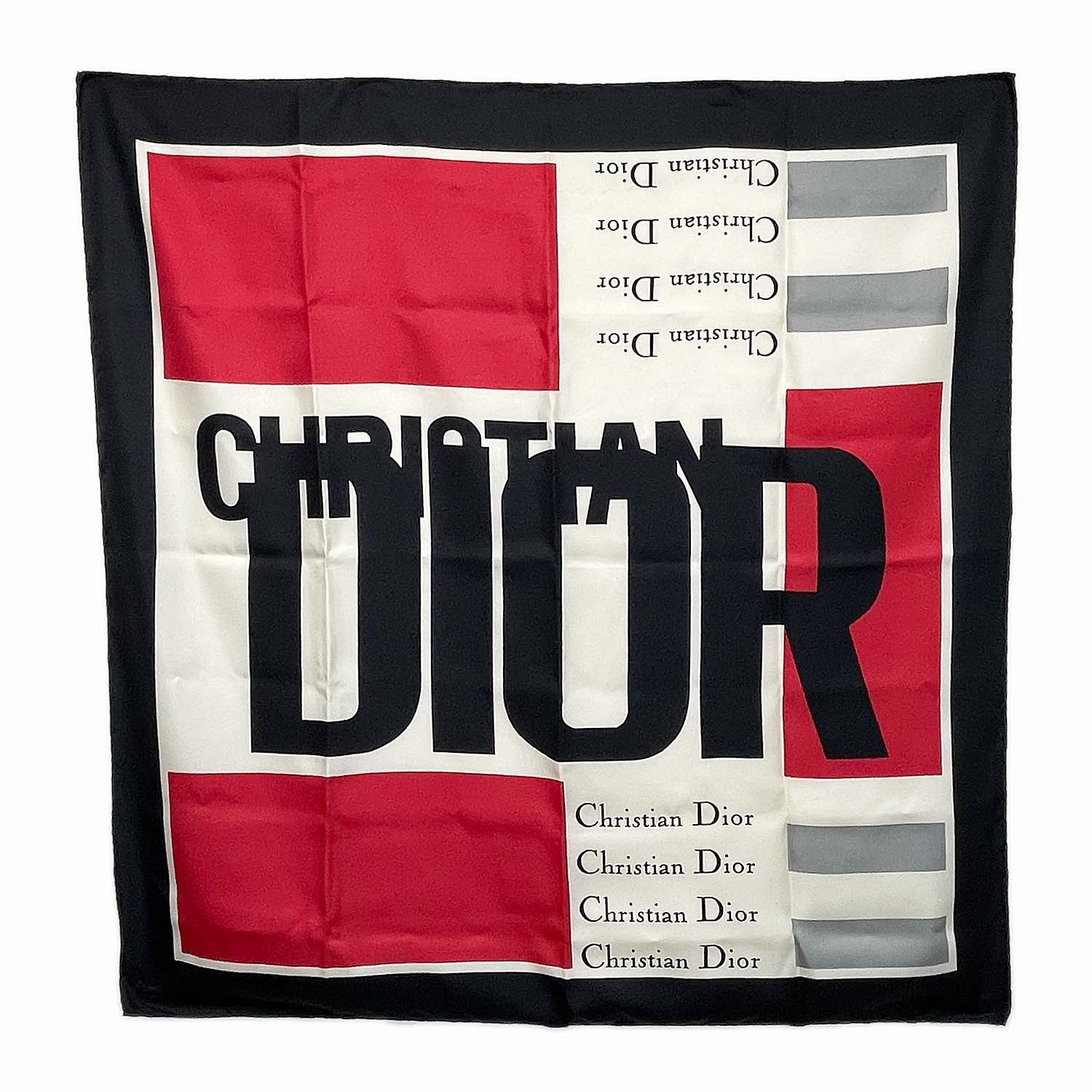 Dior ディオール ロゴ モダンアート柄 ヴィンテージ スカーフ
 大判 シルク シルク  90cm×88cm ブラック ユニセックス
 【中古】