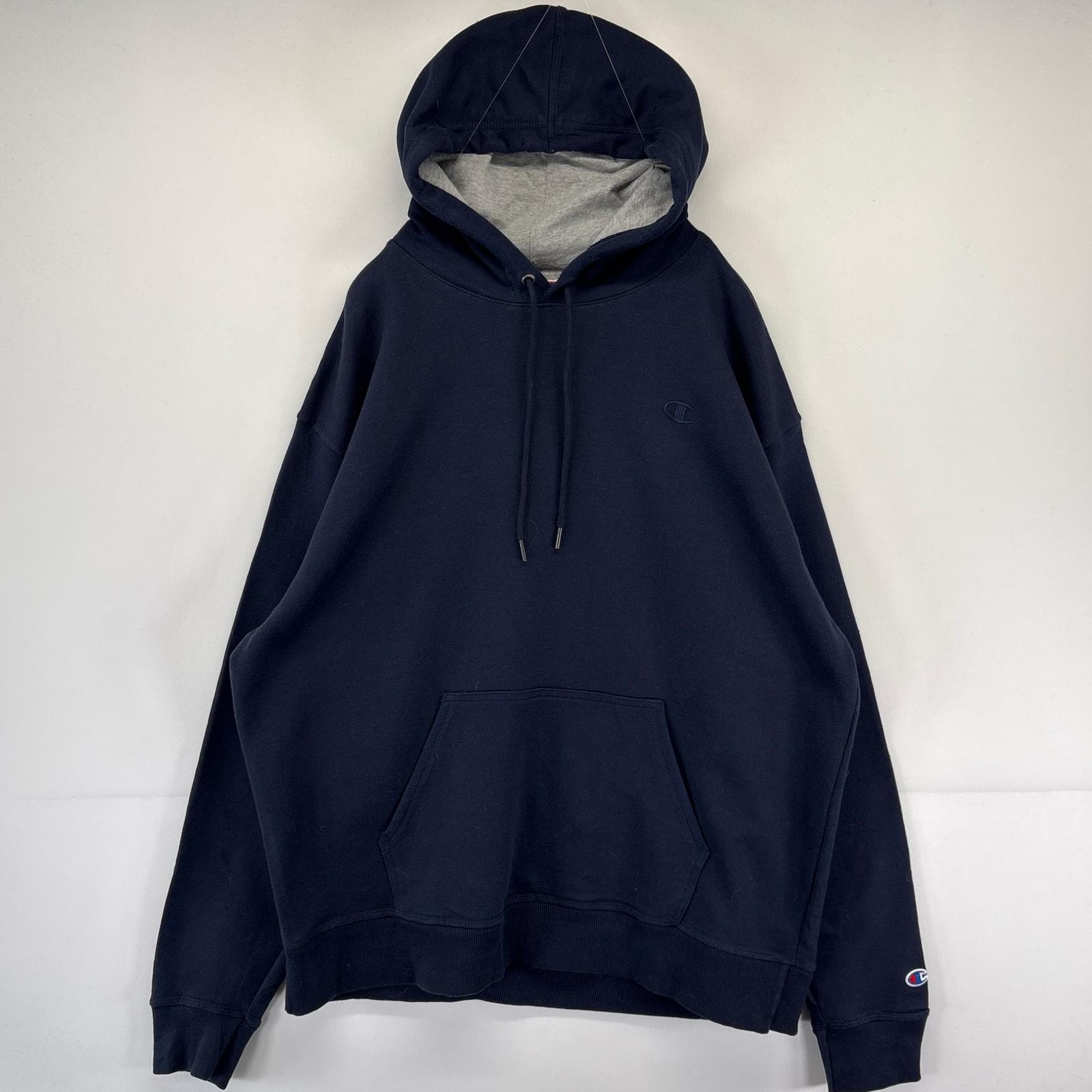 古着 チャンピオン Champion パーカー スウェット プルオーバー  ワンポイントロゴ刺繍 大きいサイズ XL  ネイビー メンズ