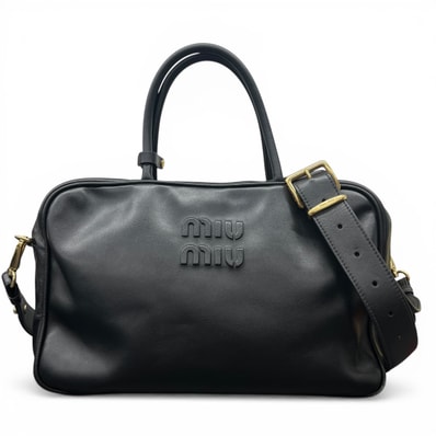 miumiu 希少 美品 ミュウミュウ レザー ボー バッグ ラージ 2way ハンドバッグ ショルダーバッグ 5BB17 RFID確認済 レザー ブラック クロスボディ ミニボストン ロゴ ABランク 中古 鑑定済 ミュウミュウハンドバッグ