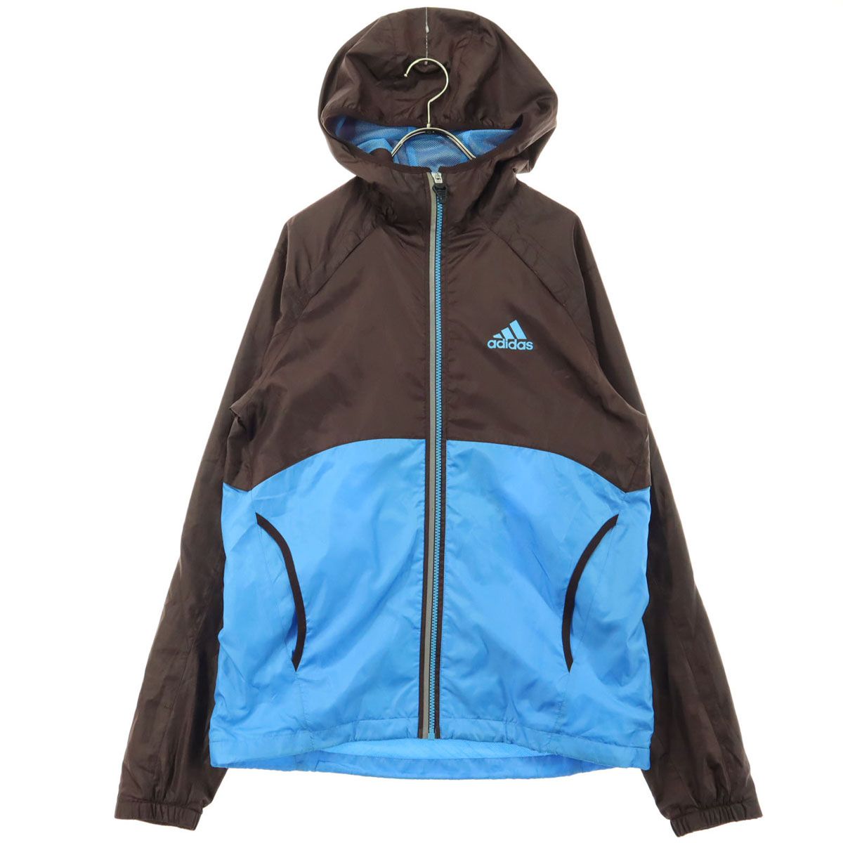 美品 adidas アディダス バイカラー 長袖 ジップジャケット M ブラウン ブルー フーディ