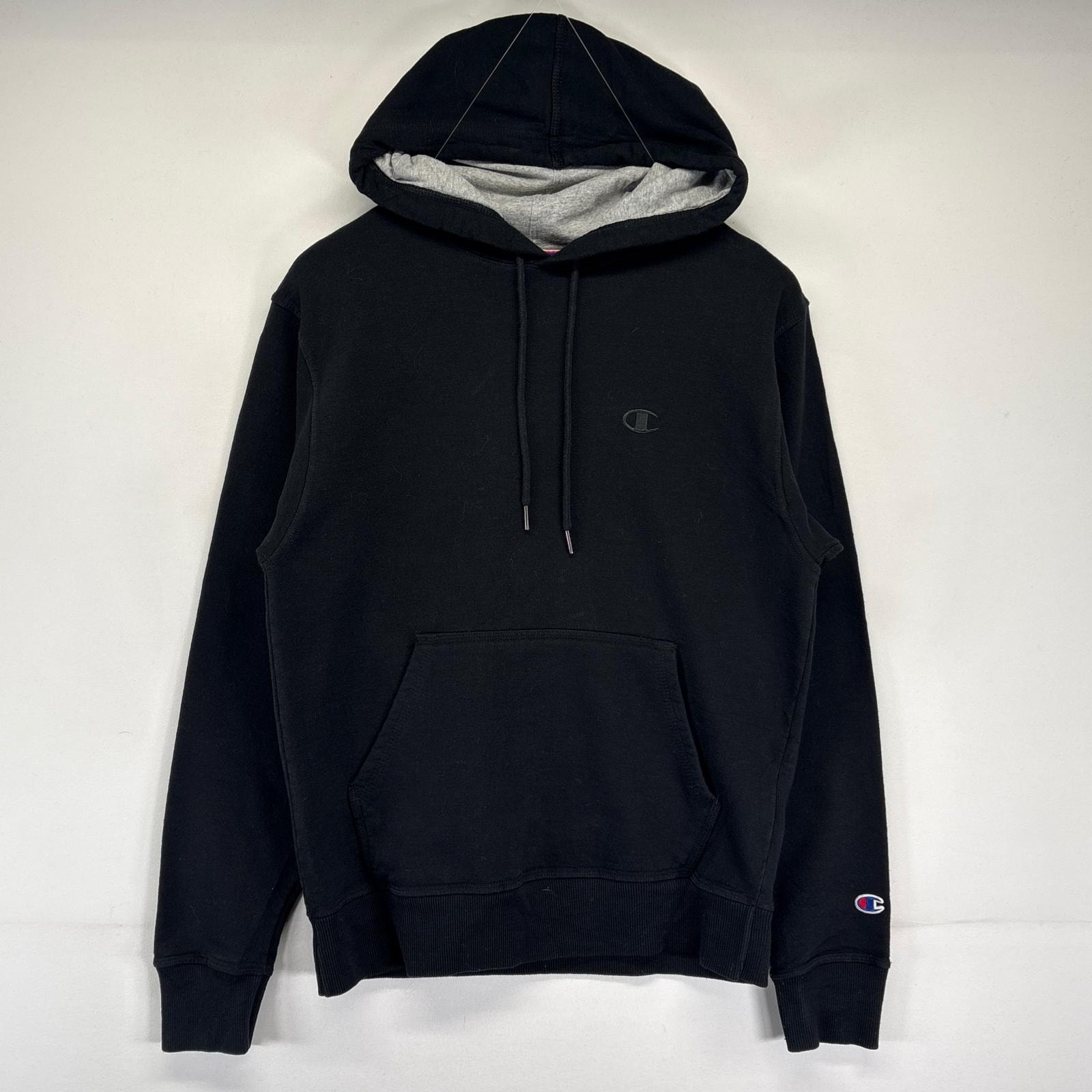 古着 チャンピオン Champion パーカー プルオーバー ワンポイントロゴ刺繍デザイン トレーナー フード S  ブラック メンズ