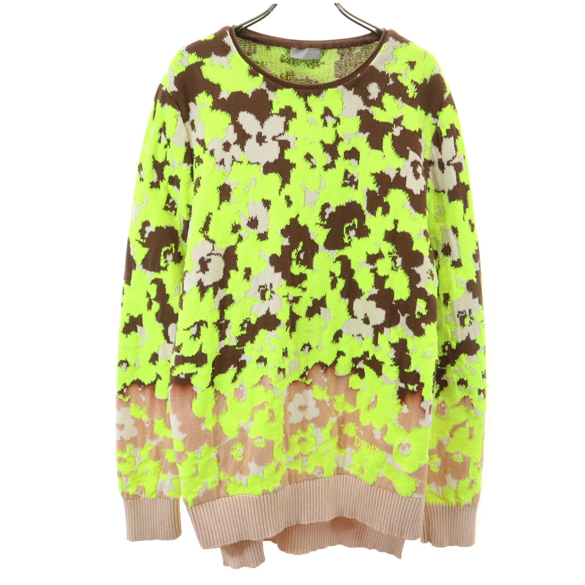 美品 Dior ディオール 22SS イタリア製 総柄 長袖 テクニカルコットン ジャカード ニット S ネオンイエロー セーター
