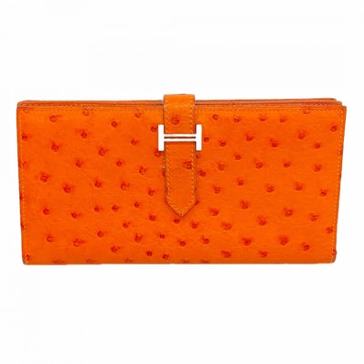 ★最終価格★SALE【6eb0511】エルメス 長財布 ベアンスフレ オーストリッチ オレンジ シルバー金具 □J刻印【中古】レディース
