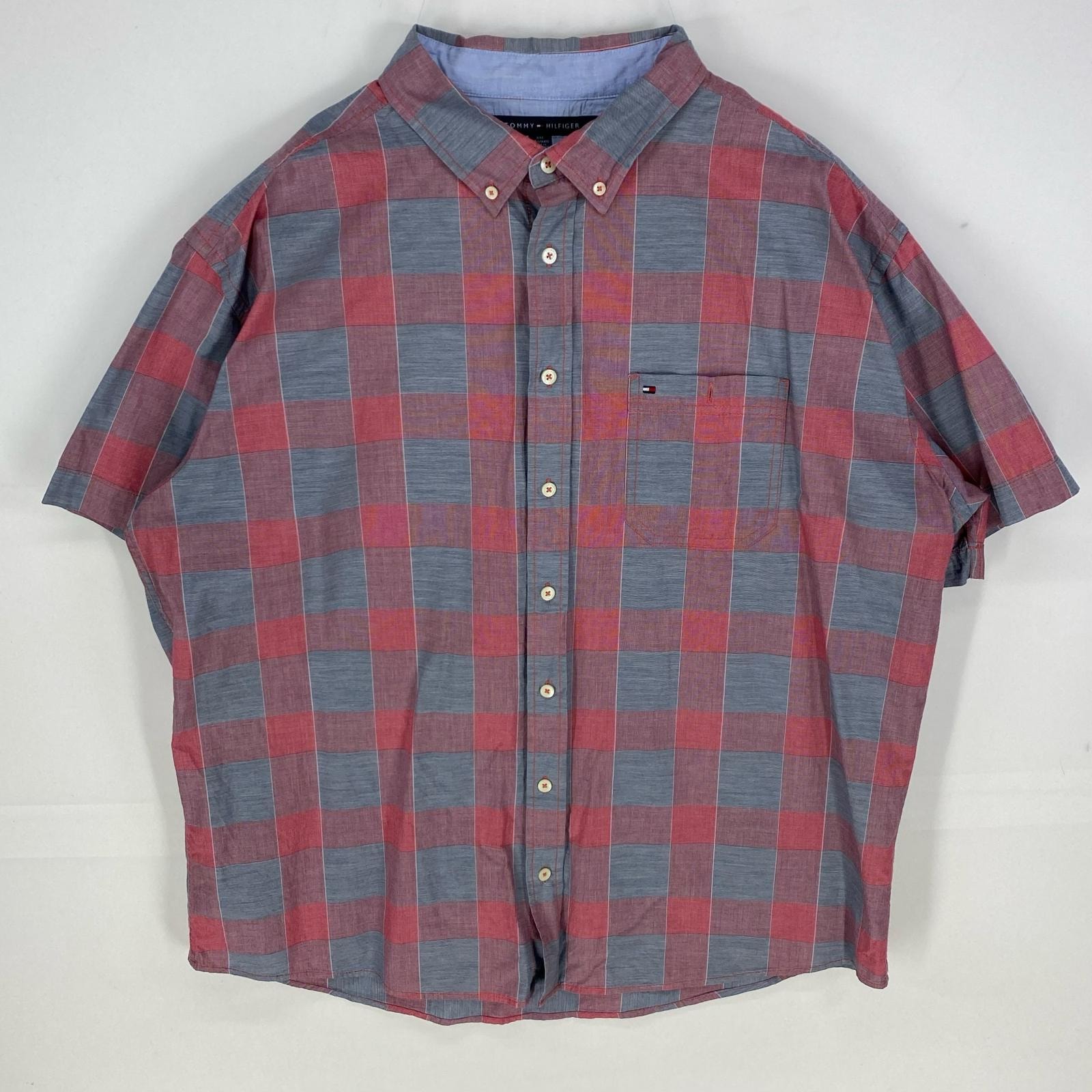 古着 トミーヒルフィガー TOMMY HILFIGER 半袖シャツ ボタンダウン CLASSIC FIT 大きいサイズ 2XL  ブラック系 チェック メンズ