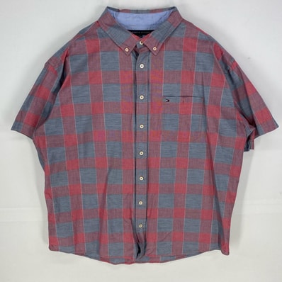 古着 トミーヒルフィガー TOMMY HILFIGER 半袖シャツ ボタンダウン CLASSIC FIT 大きいサイズ 2XL ブラック系 チェック メンズ