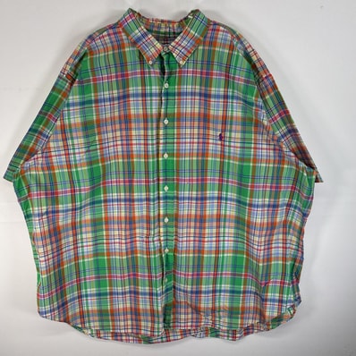 古着 90's/90年代 ラルフローレン RALPH LAUREN 半袖シャツ チェック柄 ロゴ 刺繍 大きいサイズ 薄手 3XB グリーン系 マルチカラー メンズ