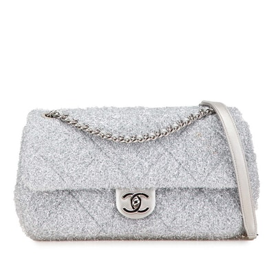 シャネル プールトゥ グリッター チェーン ショルダーバッグ A91984 シルバー マイクロファイバー ラムスキン レディース CHANEL 【中古】