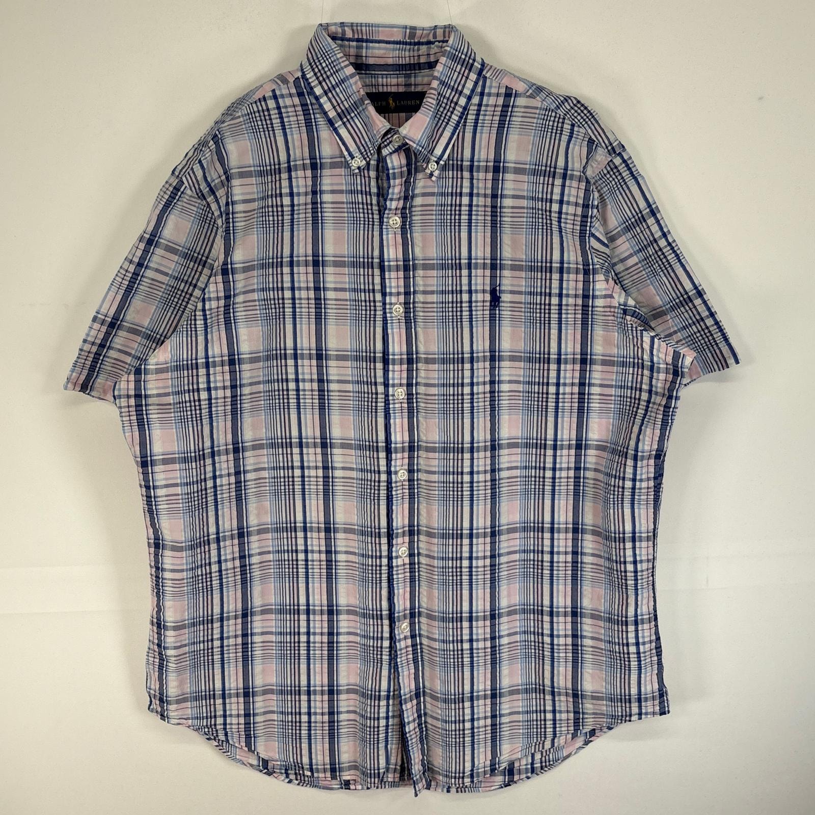 古着 ラルフローレン RALPH LAUREN シアサッカー 半袖シャツ ロゴ 刺繍 チェック ボタンダウン L  ネイビー系 マルチカラー メンズ