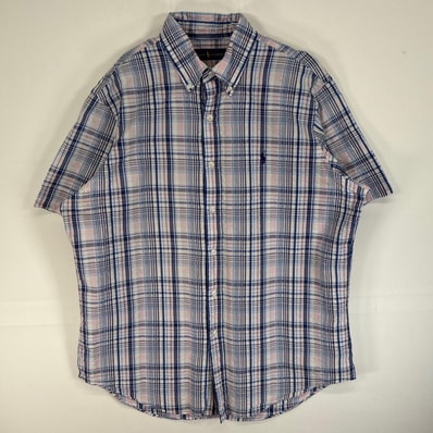 古着 ラルフローレン RALPH LAUREN シアサッカー 半袖シャツ ロゴ 刺繍 チェック ボタンダウン L ネイビー系 マルチカラー メンズ