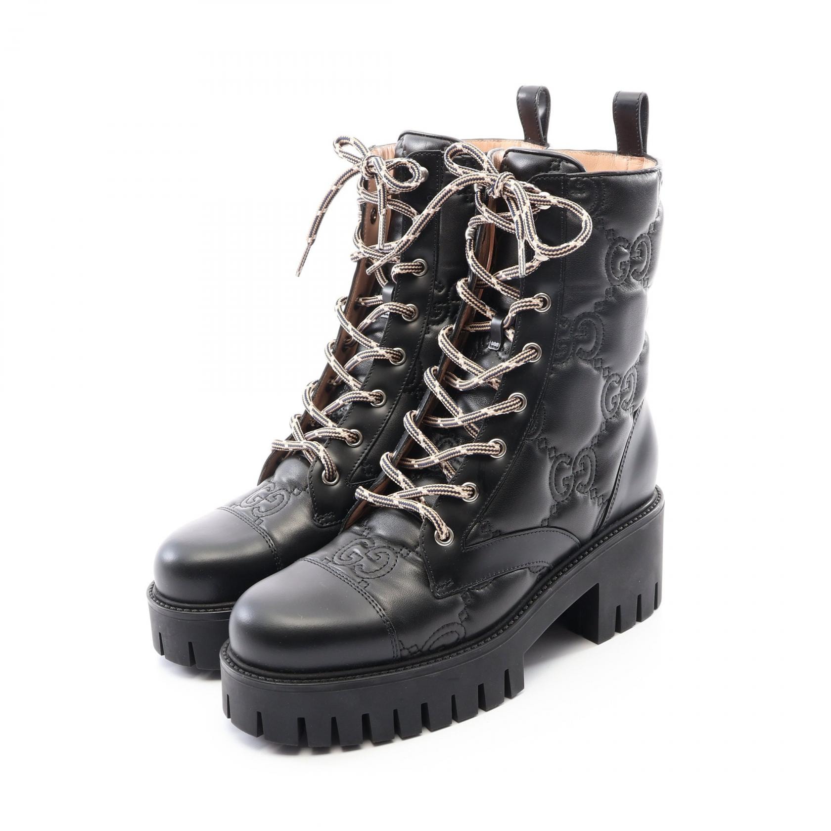 グッチ GUCCI サイドジップ レースアップ ブーツ 靴 レザー レディース ブラック系 718386 【中古】