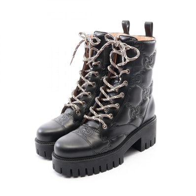 グッチ GUCCI サイドジップ レースアップ ブーツ 靴 レザー レディース ブラック系 718386 【中古】