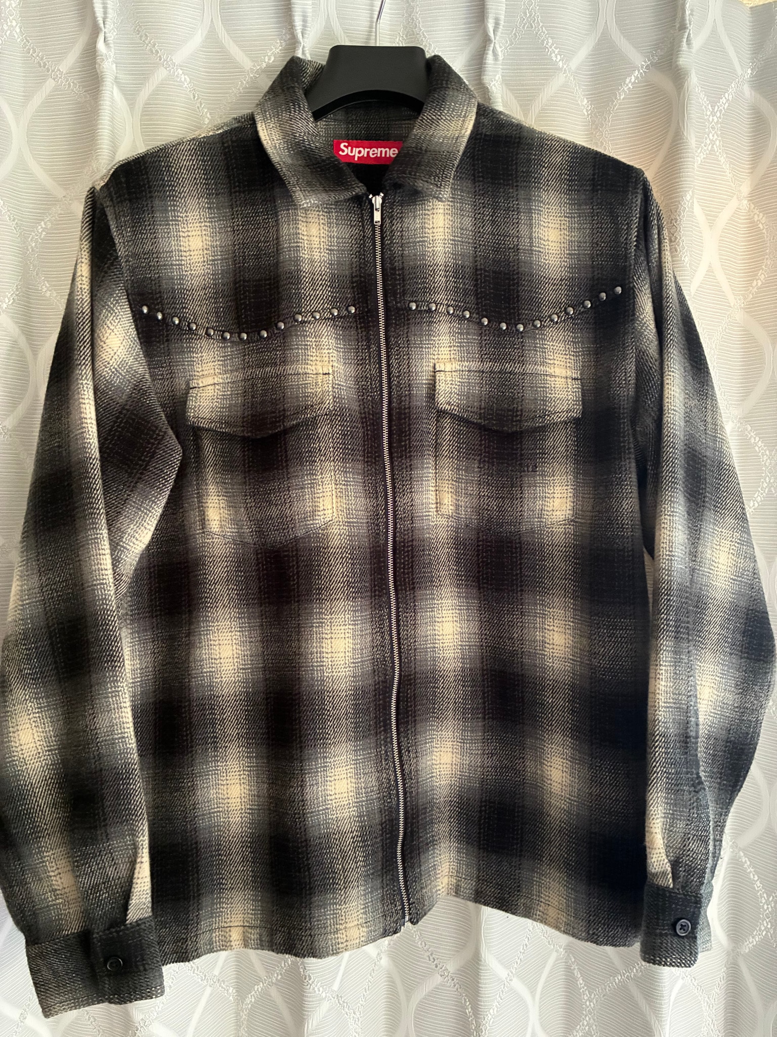 Supreme Studded Shadow Plaid Zip Up Shirt "Black"