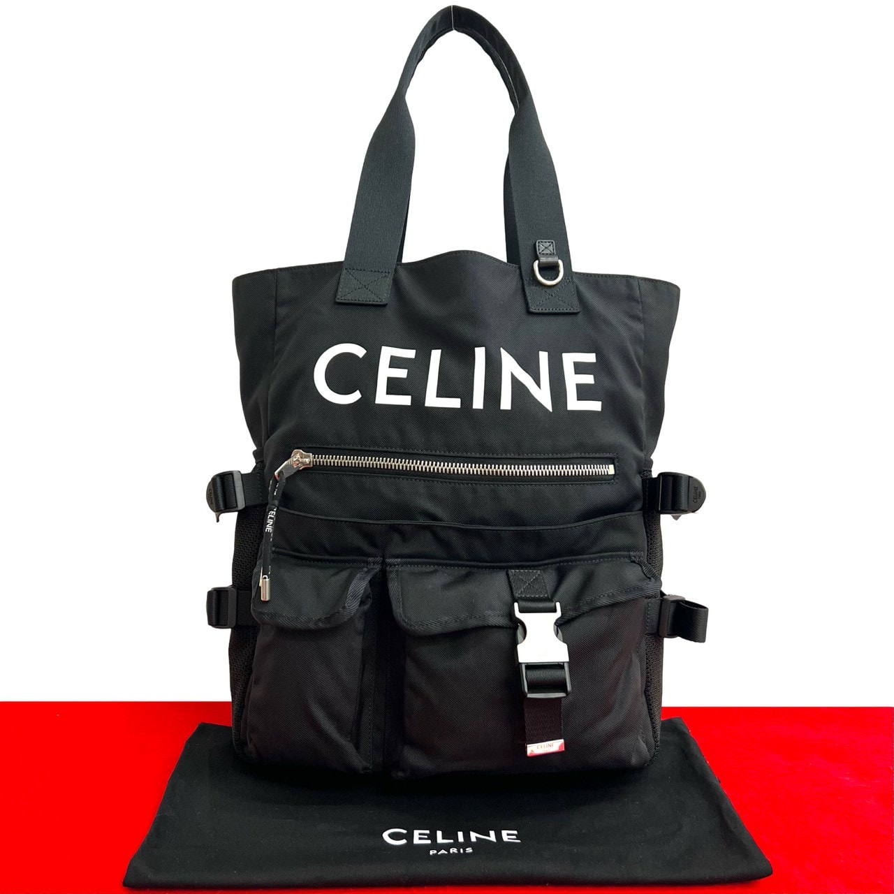 CELINE セリーヌ ロゴ プリント ナイロン トートバッグ ブラック
 06909
