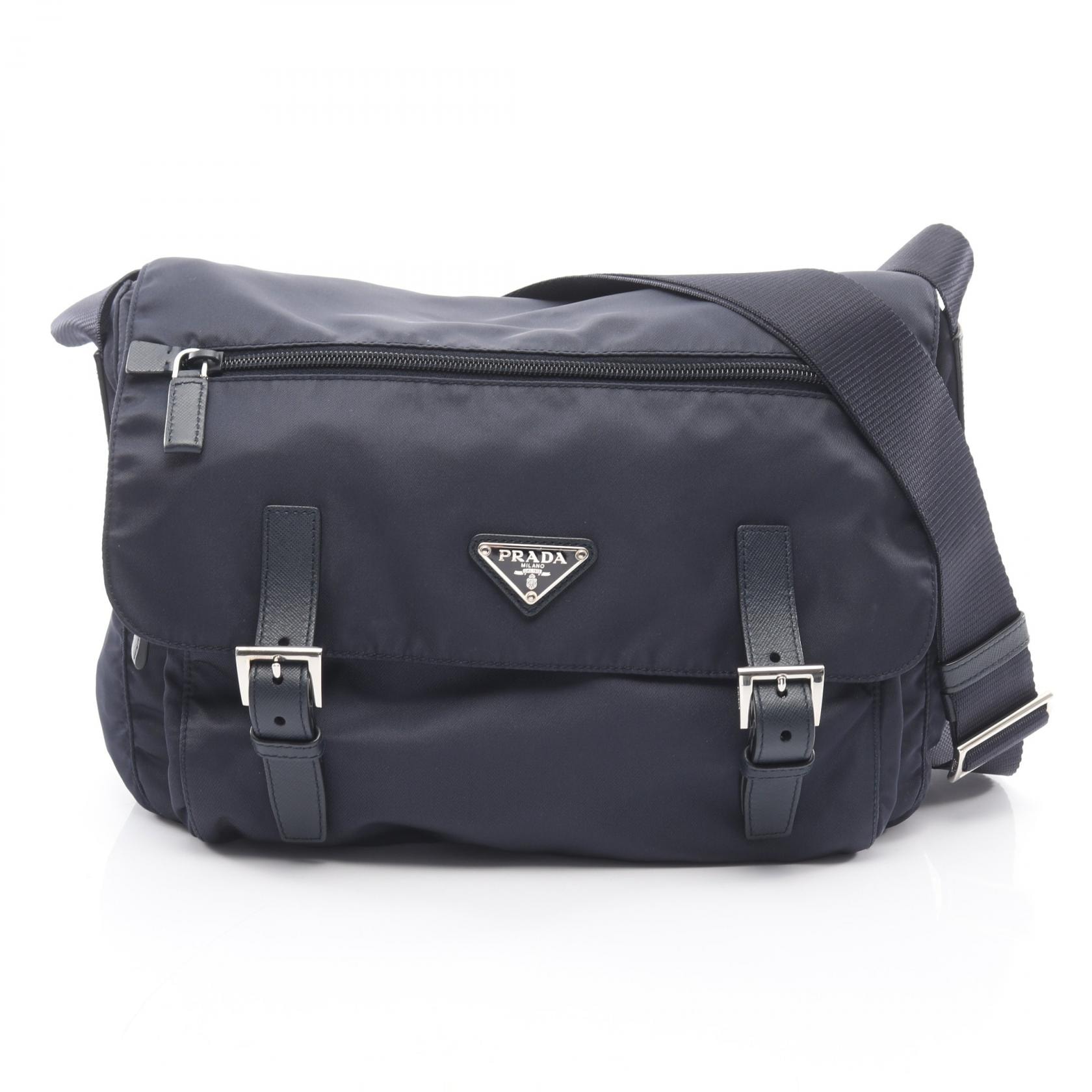 プラダ PRADA TESSUTO ショルダーバッグ バッグ ナイロン サフィアーノレザー レディース ネイビー系 BT6671 【中古】