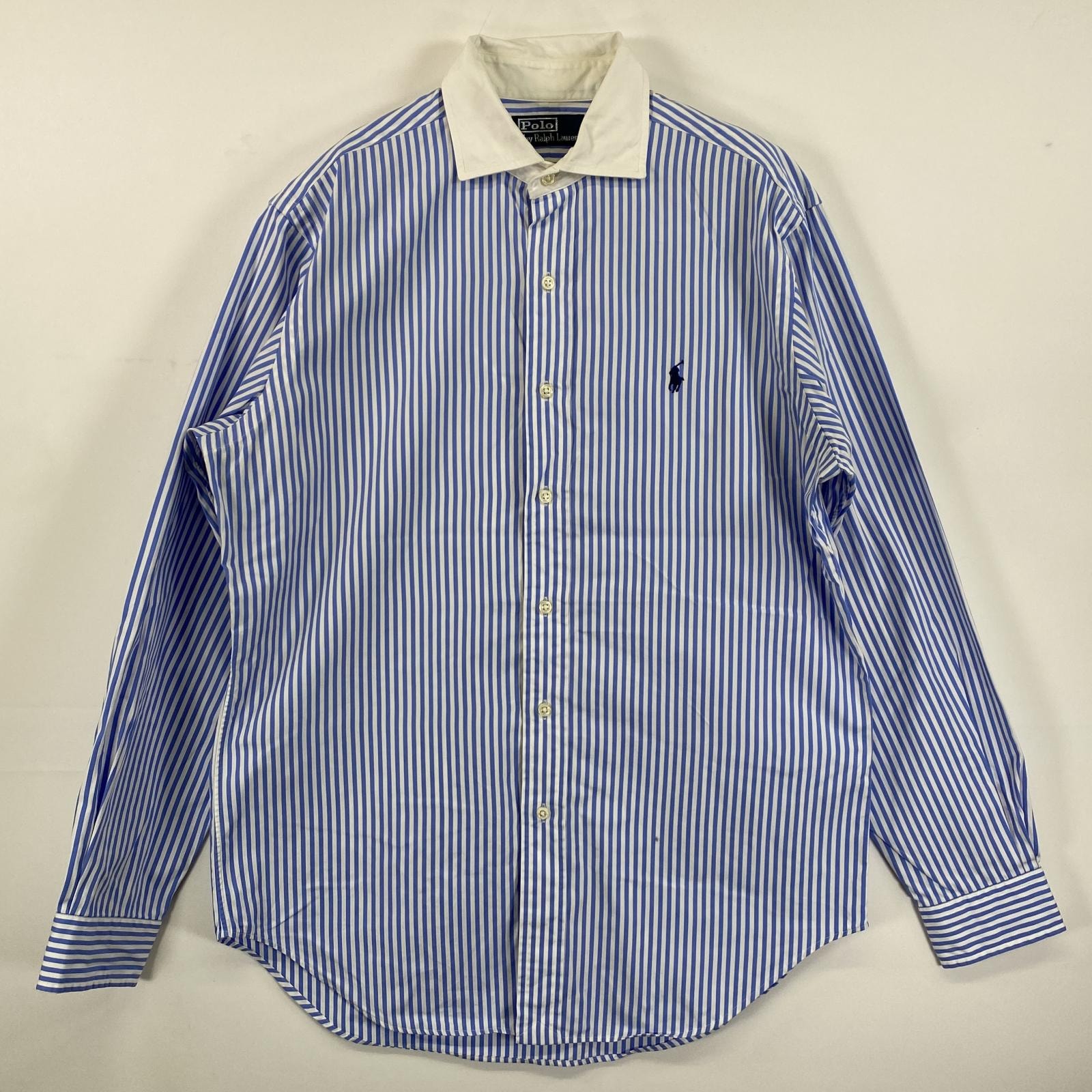 古着 ポロバイラルフローレン Polo by Ralph Lauren 長袖シャツ 襟切り替え ロゴ刺繍 ワンポイント L ブルー系 ストライプ メンズ