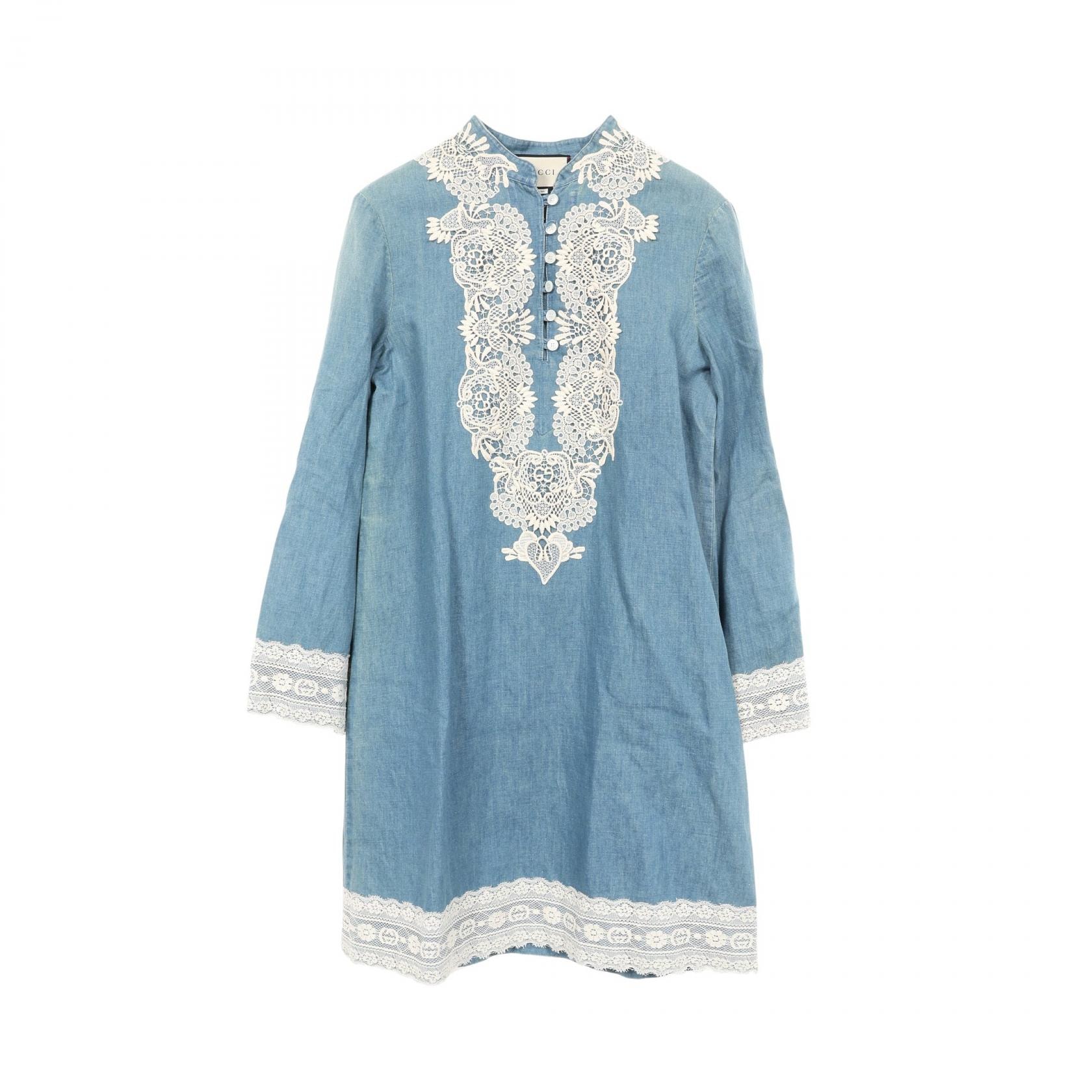グッチ GUCCI レース ライトデニム ウォッシュ加工 ワンピース 衣料品 トップス コットン ファブリック レディース ブルー系 / ホワイト系 【中古】