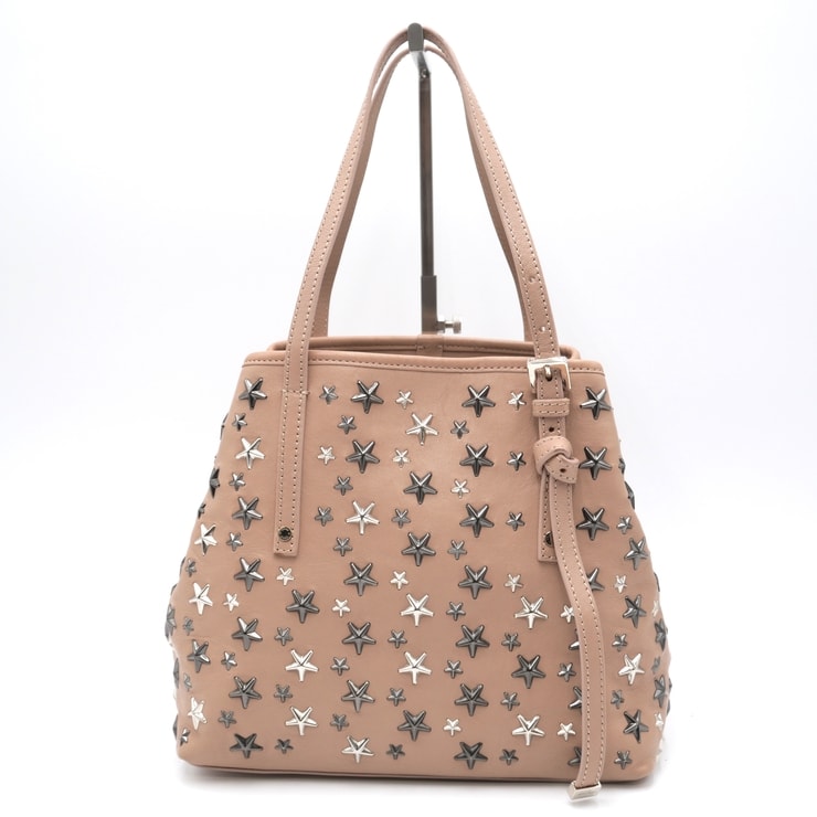 JIMMY CHOO(ジミーチュウ)サシャ S トートバッグ スタースタッズ ピンク系 レザー シルバー レディース 肩掛け【中古】