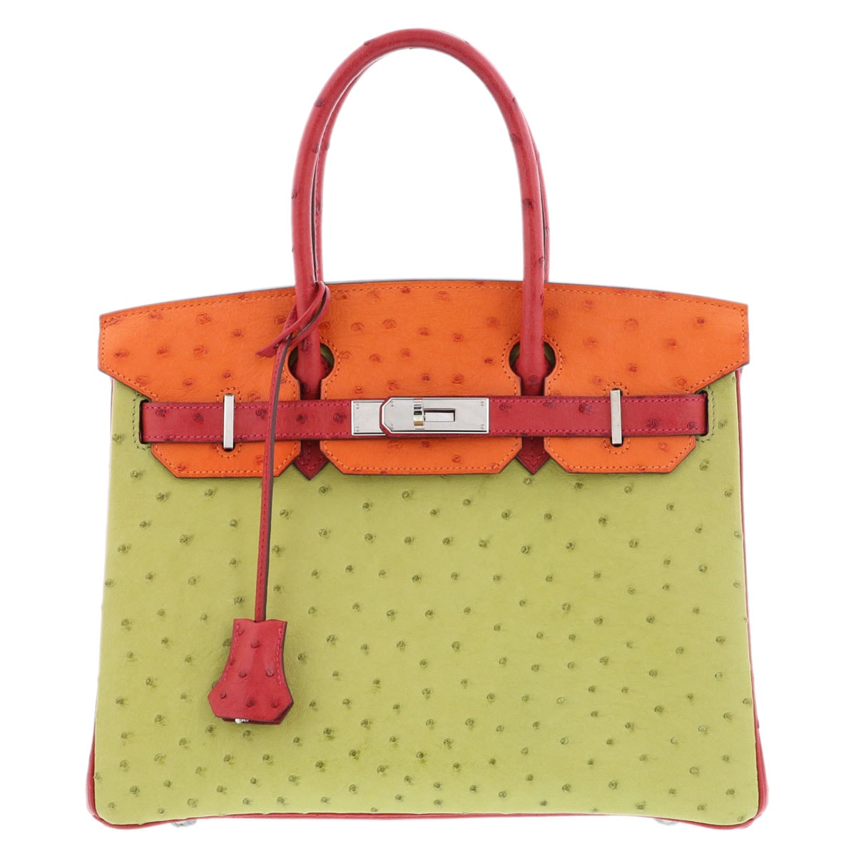 HERMES エルメス バーキン 30 オーストリッチ トリコロール ハンドバッグ オーストリッチ ルージュヴィフ アニスグリーン オレンジ K□(2007)刻印  レディース【中古】