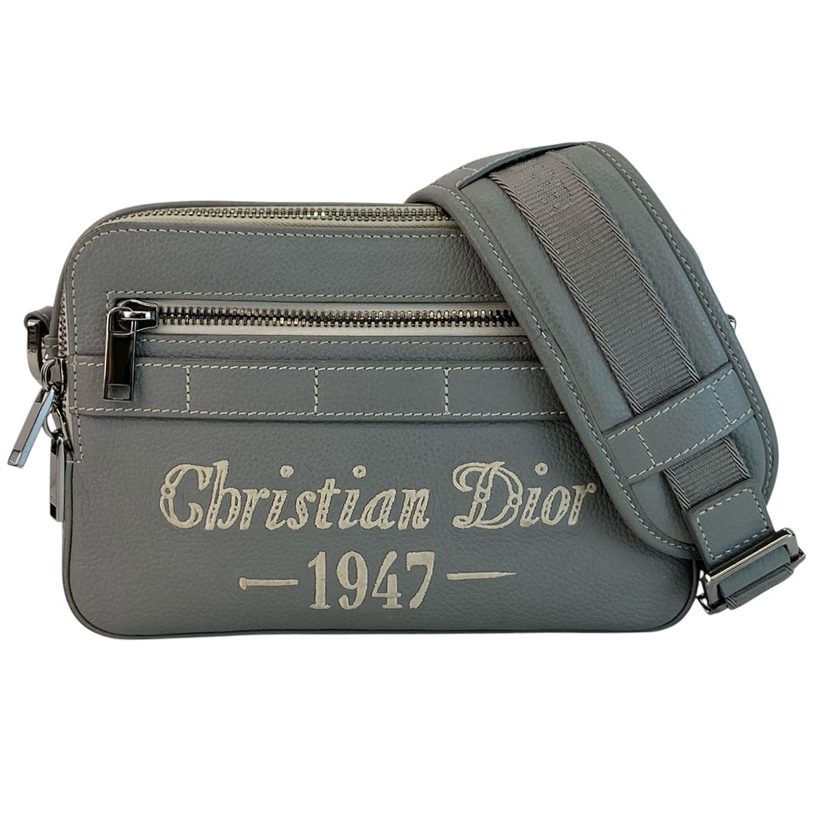 Christian Dior クリスチャンディオール シグネチャー サファリ ロゴ 刺繍 ショルダーバッグ レザー グレー メンズ【中古】