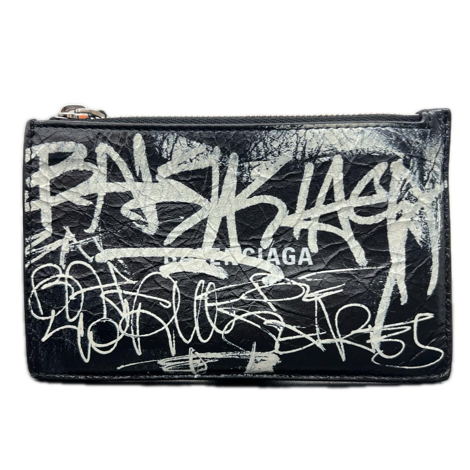 BALENCIAGA 希少 美品 バレンシアガ グラフィティ フラグメントケース 640535 レザー ブラック カードケース コインケース マルチケース 財布 Y2K ABランク 中古 鑑定済 バレンシアガ財布