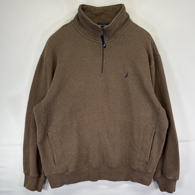 古着 ノーティカ NAUTICA スウェット ハーフジップ トレーナー 大きいサイズ ワンポイントロゴ ポケット XL ブラウン メンズ