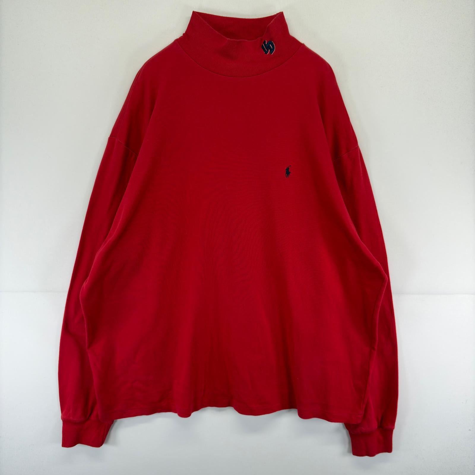 古着 ポロ・ラルフローレン POLO RALPH LAUREN トレーナー プルオーバー ロゴ 長袖 Tシャツ 刺繍 ハイネック 2XL  レッド メンズ