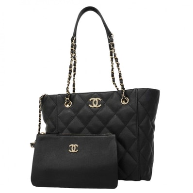 ★SALE【6dc3419】シャネル チェーントート マトラッセ キャビアスキン ブラック シャンパンゴールド金具【中古】レディース