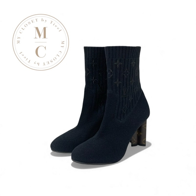 ルイヴィトン LOUIS VUITTON シルエットライン モノグラム ブーツ ショートブーツ 靴 シューズ ファブリック レザー ブラック ブラウン ニット ソックスアンクルブーツ