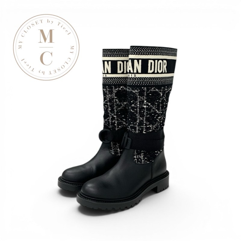 クリスチャンディオール CHRISTIAN DIOR D-MAJOR ブーツ ロングブーツ 靴 シューズ ファブリック カーフスキン ブラック ホワイト カナージュ ツイード ロゴ 刺繍 ストラップ アンクルブーツ