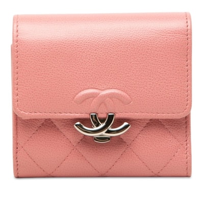 シャネル マトラッセ ココマーク ハーフココ 三つ折り財布 ピンク シルバー レザー レディース CHANEL 中古
