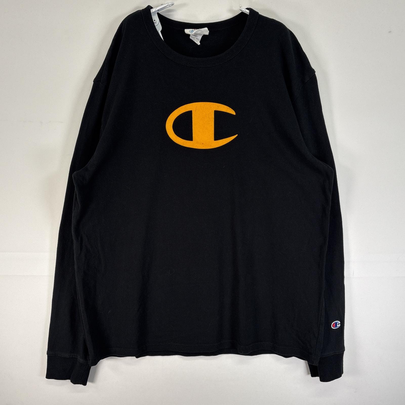 古着 チャンピオン Champion スウェット 両面 ロゴ プリント 薄手 クルーネック LARGE  ブラック 無地 メンズ