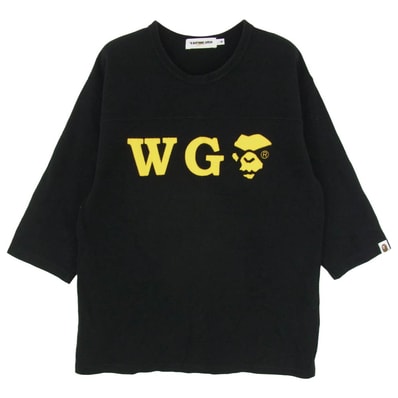 A BATHING APE アベイシングエイプ マッドエイプ WG ロゴ アップリケ ワッペン Tシャツ 七分袖 フットボール カットソー ブラック系 M【中古】