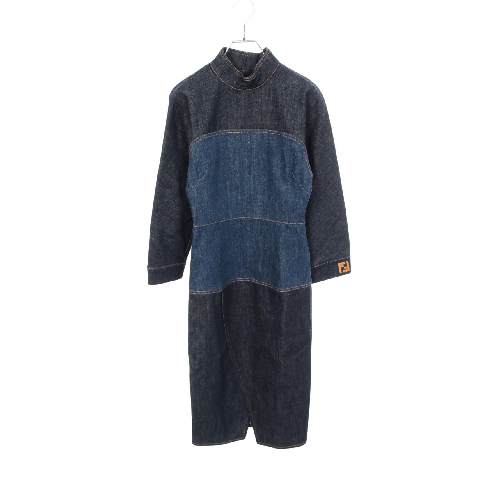 フェンディ FENDI スタンドカラー 長袖 デニム ワンピース 衣料品 トップス コットン レディース ネイビー系 / ブルー系 【中古】