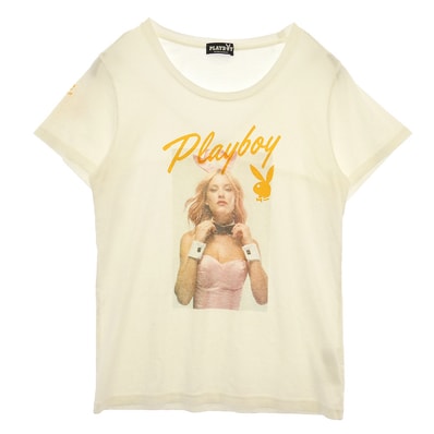 HYSTERIC GLAMOUR ヒステリックグラマー 11181CT03 × PLAY BOY プレイボーイ ロゴプリント Tシャツ 半袖カットソー オフホワイト系 FREE【中古】