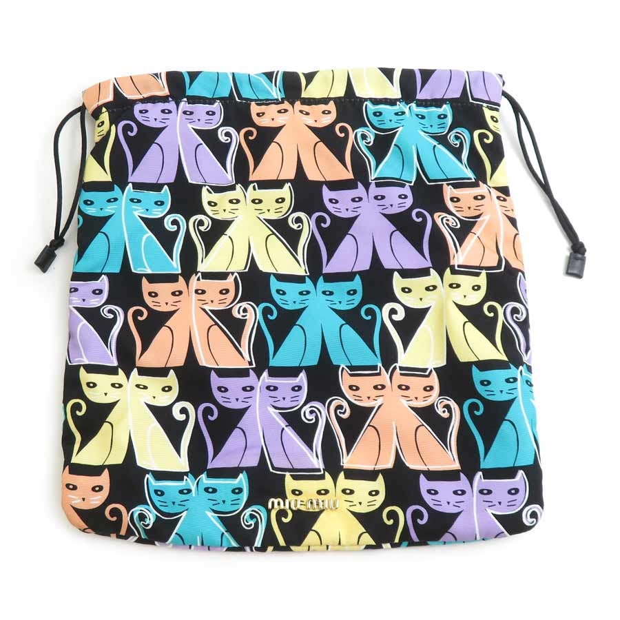 ミュウミュウ MIUMIU ポーチ 巾着ポーチ コットン ブラック/マルチカラー レディース【中古】 56856k
